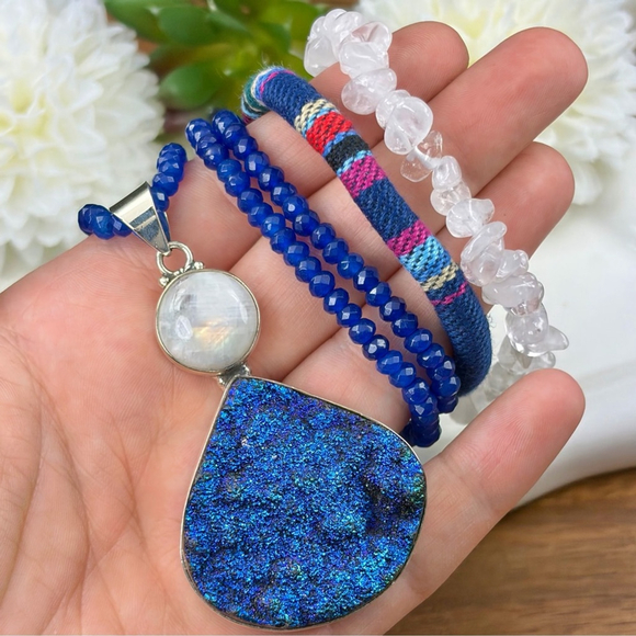 Southwest Jewelry - Genuine Titanium Druzy Quartz Moonstone Pendant Necklace Jewelry Set Lot 925